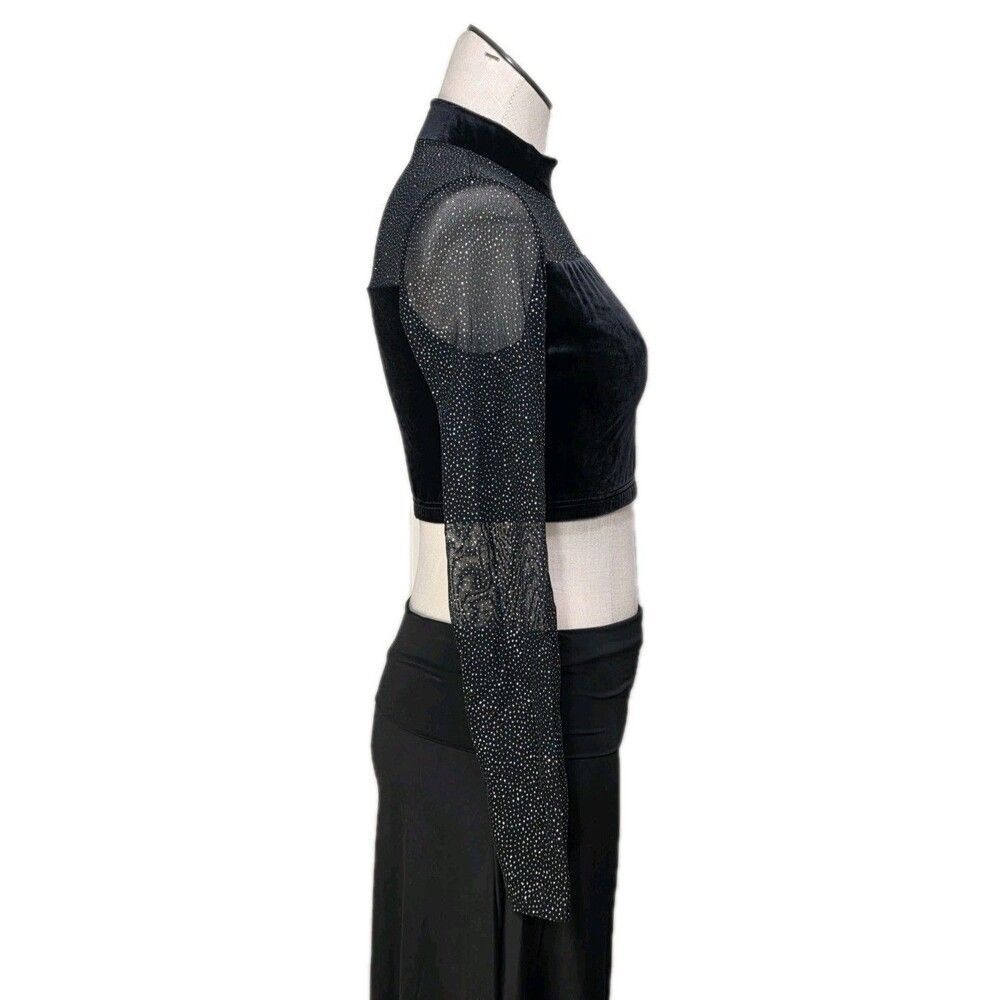 Body Wrappers VTG 90s Mesh Velvet Mock Neck Dance Midriff Glitter Top Adult L - Picture 8 of 16